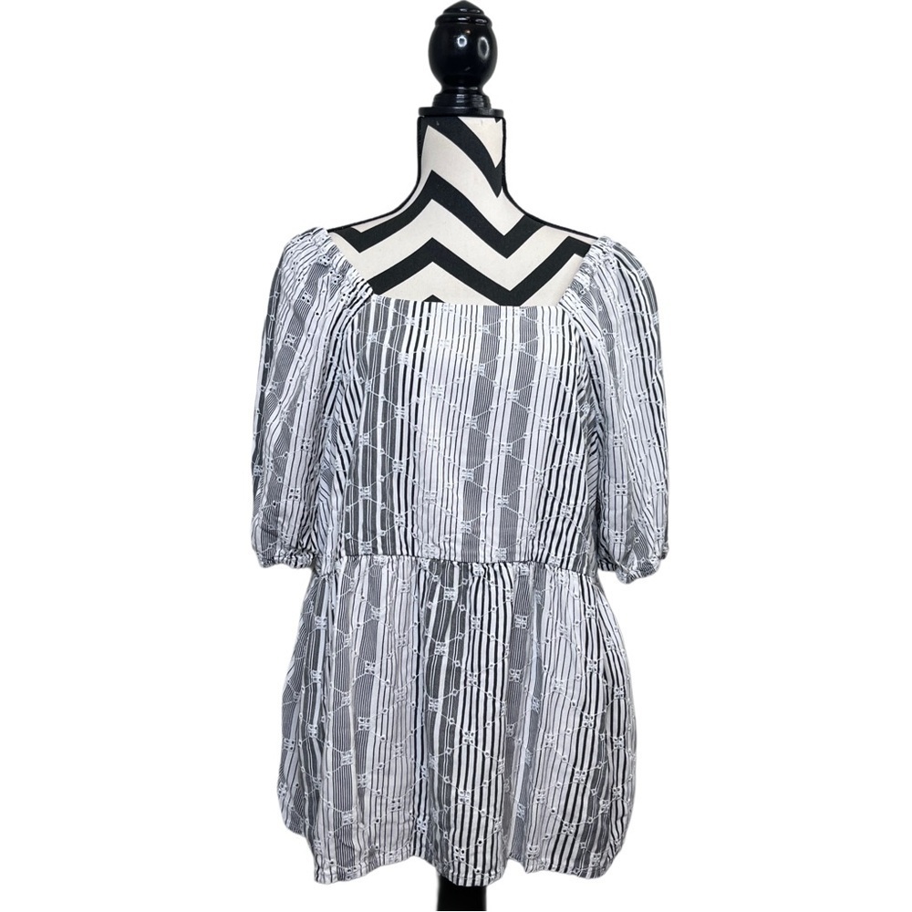 Lane Bryant Striped Cinched Waist Sz 16 Puff Sleeve Square Neck Blouse